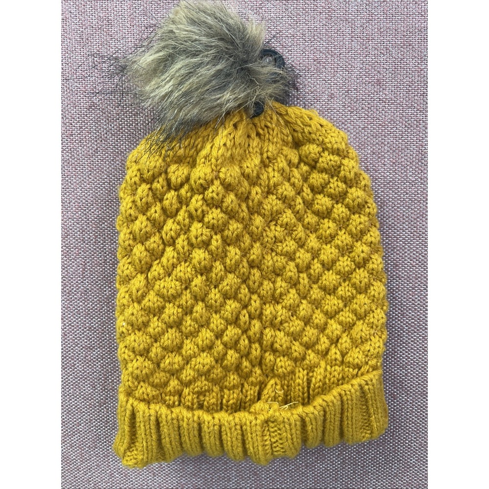 New Ladies Winter Hat Beanie Textured Knit With Faux Fur Pom Mustard Yellow - Picture 2 of 2